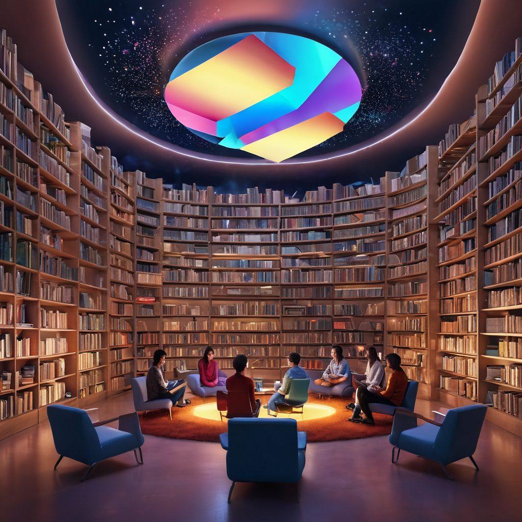 A whimsical library filled with colorful floating books and digital screens showcasing various online book communities. A diverse group of people engaged in discussions and reading, surrounded by ethereal glowing light that symbolizes valuable resources. A sense of exploration and knowledge-sharing radiates throughout the scene. vibrant colors. 3D.