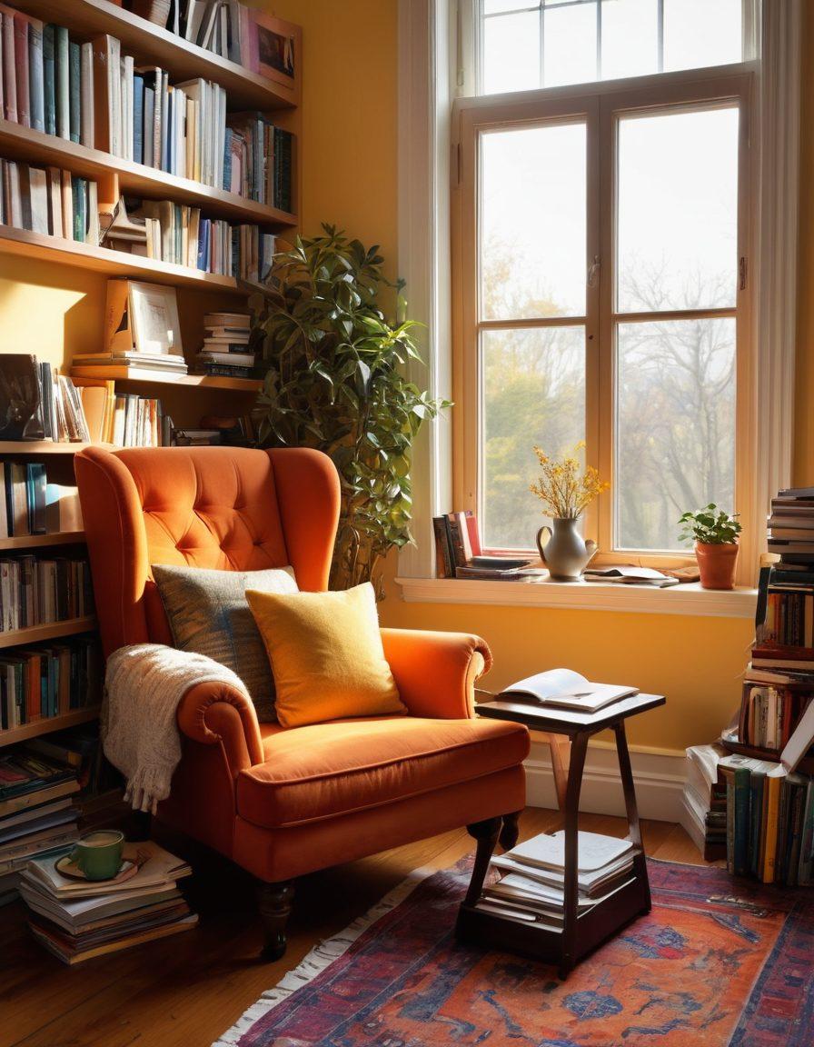 A cozy reading nook featuring a comfortable chair stacked with colorful e-books and a laptop displaying a user-friendly e-book platform. Sunlight streams through a window, illuminating a nearby bookshelf filled with various genres. A steaming cup of tea sits on a side table, alongside a notepad and pen for jotting down notes. The overall atmosphere is warm and inviting, emphasizing the joy of reading. super-realistic. vibrant colors. cozy ambiance.
