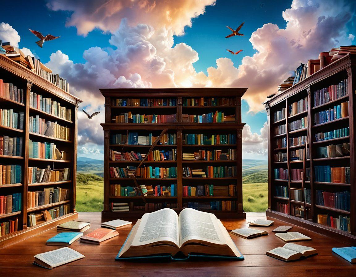 A whimsical library overflowing with colorful books, each labeled with famous literary titles, set against a dreamy landscape of e-readers and tablets radiating soft light. An open book floats in the air, with whimsical illustrations of stories emerging from its pages, representing various genres. Soft clouds and bookshelves in the background create a sense of wonder and discovery. bright colors. fantasy style.